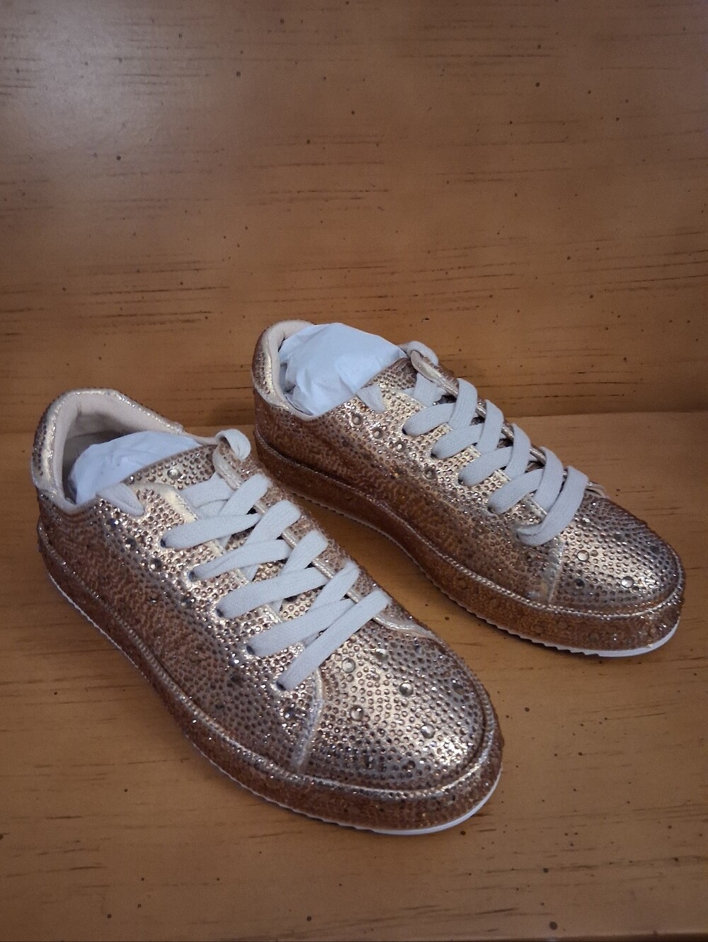 Women's Metallic Rose Gold Rhinestones Lace-Up Sneakers